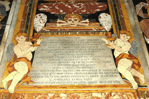 MALTA, Valletta , St Johns Cathedral. Detail of intricate marble inlaid tombstone forming part of a magnificently crafted pavimento