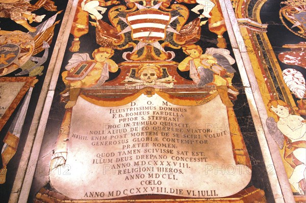 MALTA, Valletta , St Johns Cathedral. Detail of intricate marble inlaid tombstone forming part of a magnificently crafted pavimento