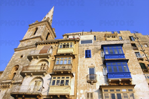 MALTA, Valletta , Angled view looking up at architectural facade