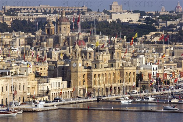 MALTA, Vittoriosa, View over moored yachts in the harbour and town