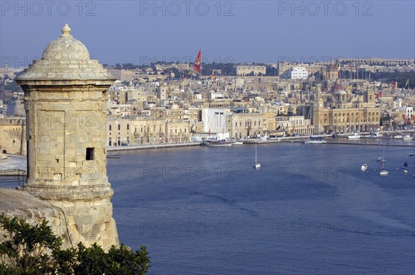 MALTA, Vittoriosa, View of fortification sentry post overlooking harbour and town