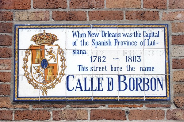 USA, Louisiana, New Orleans, French Quarter. Historical mural on the wall explaining the history of the Borbon street name