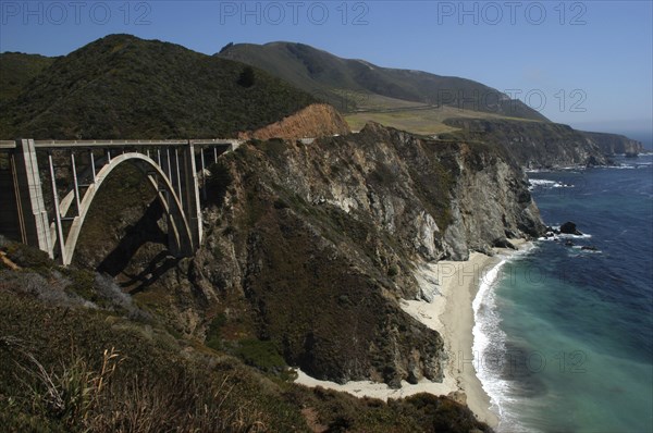 USA, California, Big Sur, Pacific Coast Highway. View of Bixby Bridge and coastline