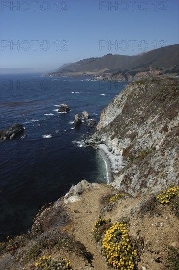 USA, California, Big Sur, Pacific Coast Highway. View along coastal cliffs with rocky outcrops