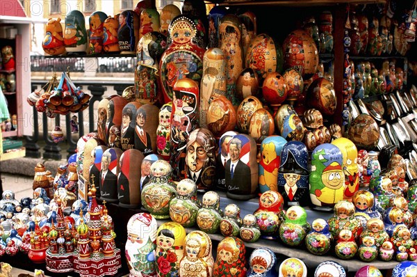 RUSSIA, St Petersburg, Display of traditional and modern themed Russian Matryoshka Dolls for sale on a market stall