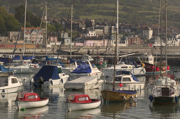 ENGLAND, Dorset, Lyme Regis, View of the town across the harbour from The Cobb.