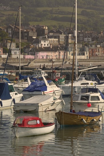 ENGLAND, Dorset, Lyme Regis, View of the town across the harbour from The Cobb.