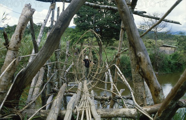 INDONESIA, Sulawesi, Napu Valley. Bamboo bridge with man walking across.