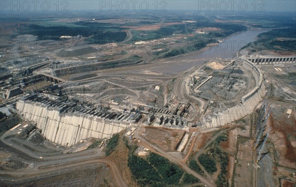 BRAZIL, Parana, Itaipu Dam, Aerial view over hydro electric dam.