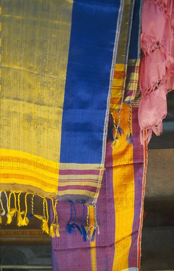 EGYPT, Markets, Coloured woven shawls on sale in the souq.