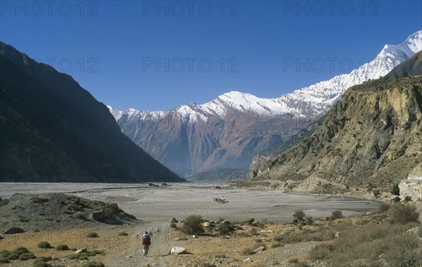 NEPAL, Annapurna Region, Kali Gandaki Gorge, Trekking through deep gorge formed by the Kali Gandaki River.