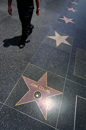 USA, California, Los Angeles, Hollywood. Pink marble and bronze stars embedded into Hollywood Boulevard sidewalk aka Hollywood walk of Fame