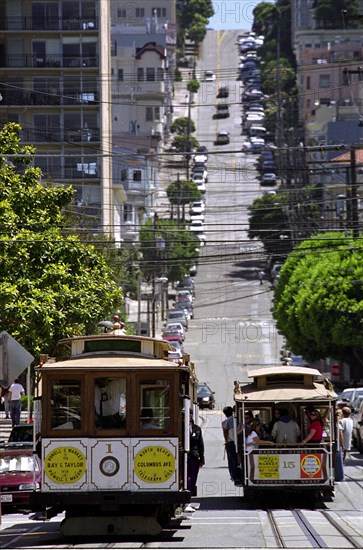 USA, California, San Francisco, View of cable cars on Taylor Street with view up to Nob Hill beyond