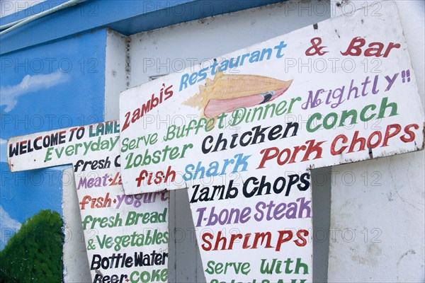 WEST INDIES, St Vincent & The Grenadines, Union Island, Food sign at Lambis Restaurant in Clifton