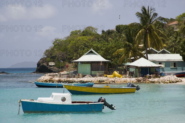 WEST INDIES, St Vincent & The Grenadines, Mustique, Fishing boats and beachside houses in Britannia Bay