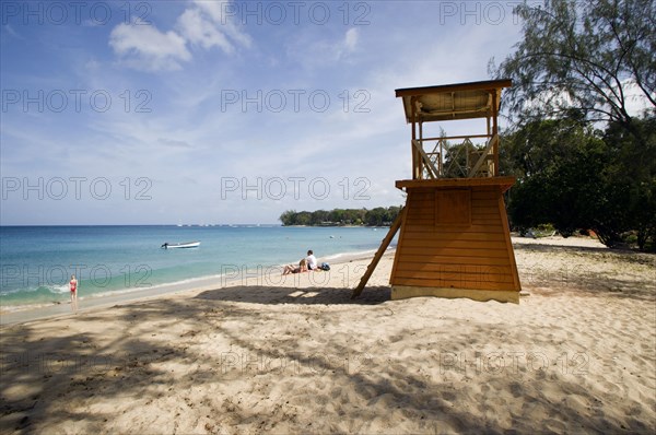 WEST INDIES, Barbados, St James, Holetown beach with lifeguards hut