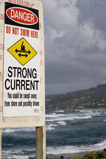 WEST INDIES, Barbados, St Andrew, Warning sign of strong currents off the coast at Barclays Park