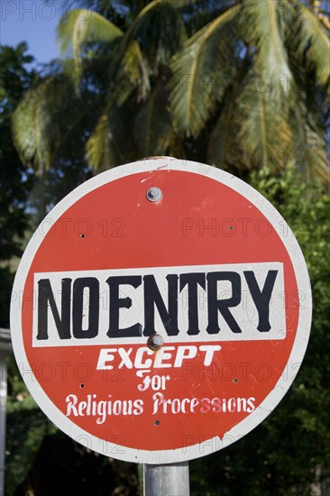 WEST INDIES, St Vincent & The Grenadines, Bequia, No Entry roadsign with exception fallowing religious processions in Port Elizabeth