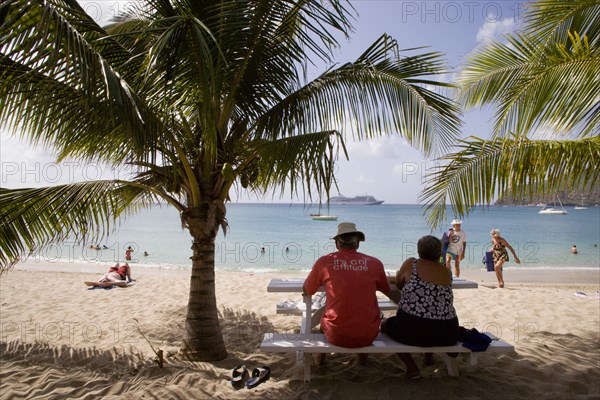 WEST INDIES, St Vincent & The Grenadines, Bequia, Tourists on beach at Lower Bay with cruise ship offshore
