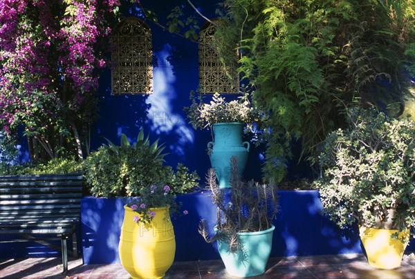 MOROCCO, Marrakesh, The Jardin Majorelle owned by Yves St Laurent.  Detail of planting in yellow and turquoise pots against vivid blue wall with metal screen insert.
