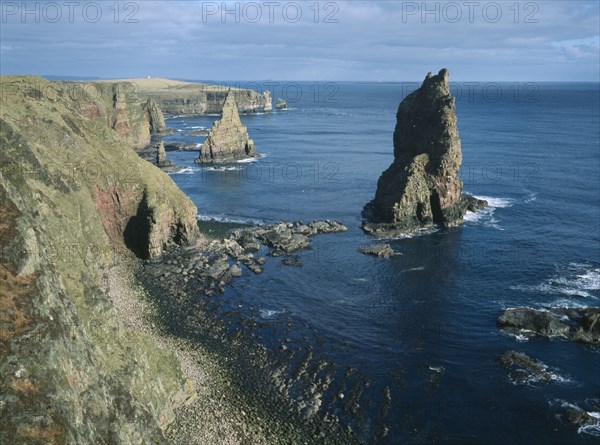 SCOTLAND, Highland, Duncansby Head, Stacks of Duncansby.  Pointed sea stacks off the North East coast.