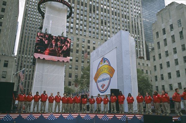 USA, New York, Manhattan, "Rockefeller Centre ‘Democracy Plaza’ during 2004 elections, billed as a grand celebration of democracy and citizenship."