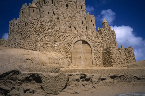 UNITED KINGDOM, Channel Islands, Guernsey, St Peter Port. Ornamental Sand Castle Display. Angled view from below.