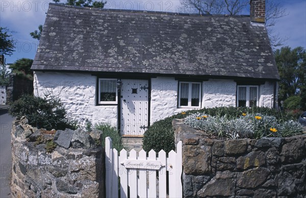 UNITED KINGDOM, Channel Islands, Guernsey, St Saviours. Small white cottage on corner of road junction.