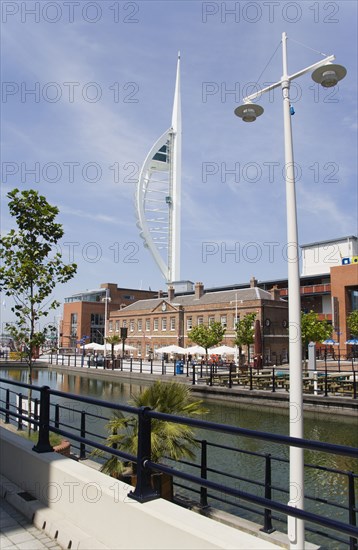 ENGLAND, Hampshire, Portsmouth, The Spinnaker Tower the tallest public viewing platforn in the UK at 170 metres on Gunwharf Quay with the old Customs House in the foreground