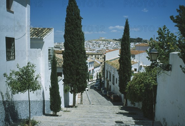SPAIN, Andalucia, Antequera, Cobblestone alleyways. Steps leading down to parked cars and trees either side