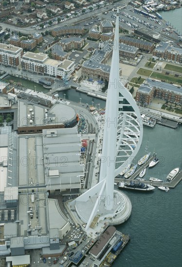 ENGLAND, Hampshire, Portsmouth, "Arial view of The Spinnaker Tower, the tallest public viewing platform in the UK at 170 metres on Gunwharf Quay "