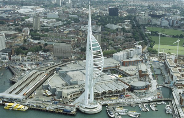 ENGLAND, Hampshire, Portsmouth, "Arial view of The Spinnaker Tower, the tallest public viewing platform in the UK at 170 metres on Gunwharf Quay "