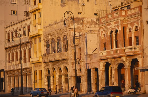 CUBA, Havana, Late sun on Malecon buildings.
