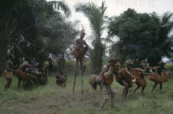 CONGO, Festivals, Dance, "Chokwe tribe masked dancers, drummers and stilt walker."