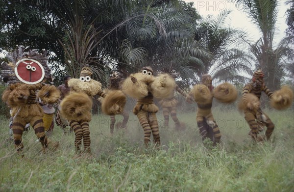 CONGO, Festivals, Dance, Bapende tribe animal masqueraders performing Leopard Dance at initiation rites.