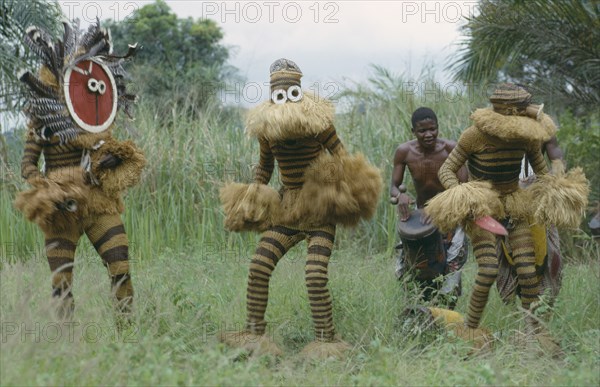 CONGO, Tribal Peoples, Bapende tribe animal masqueraders performing dance at initiation rites.