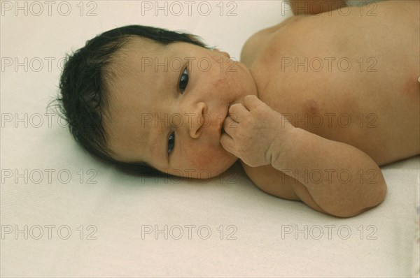 CHILDREN, Babies, New Born, "One day old Caucasian baby with thick, dark hair."