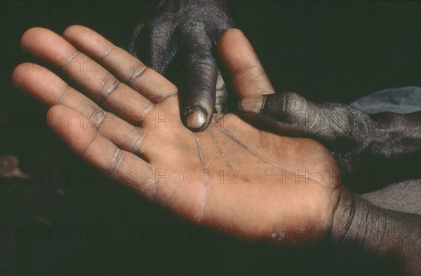 MALI, People, Dogon palm reader pointing to lines on palm of client.