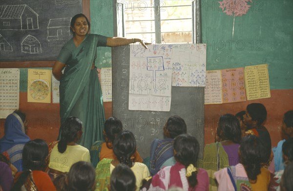 INDIA, Andhra Pradesh, Female teacher and pupils in women’s adult literacy class.