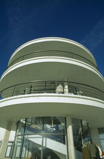 ENGLAND, East Sussex, Bexhill on Sea, De La Warr Pavilion. Exterior detail view of the staircase section.