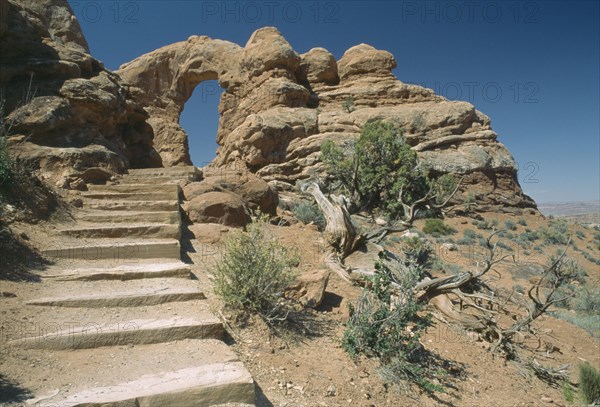 USA, Utah, Arches National Park, The Windows.Trail steps leading to the Turret Arch