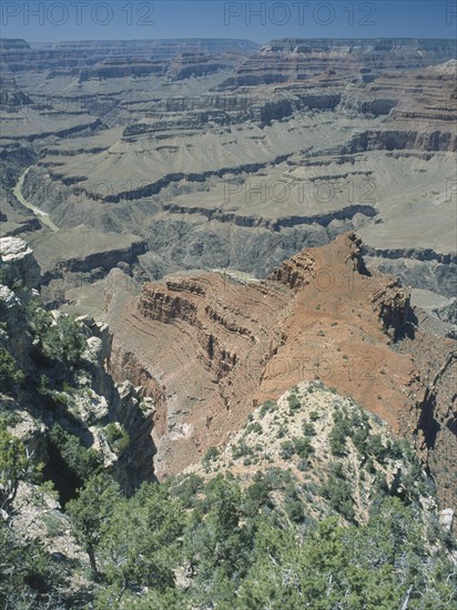 USA, Arizona, Grand Canyon, West Rim. View west from Mohave Point with the Colorado river visible low down in the distance.