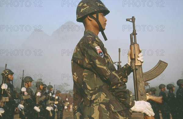 MYANMAR, Karen State of Kawthoolei, "Soldiers in a parade at the Karen National Union, KNU, Revolution Day."
