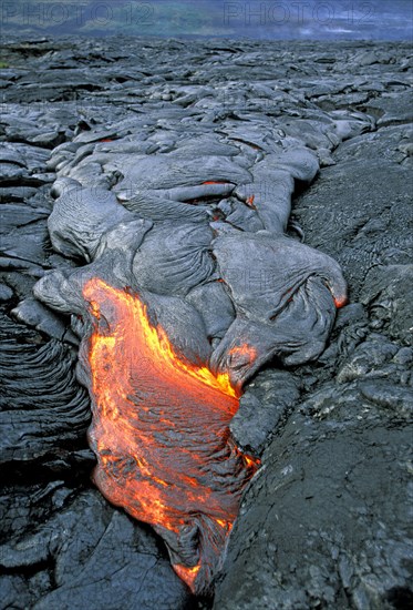 USA, Hawaii,  The Big Island, "Flow of pahoehoe or ropey lava, near the Chain of Craters Road on the slopes of Mt Kilauea volcano, in the south of this, the most volcanically active Hawaiian island ."