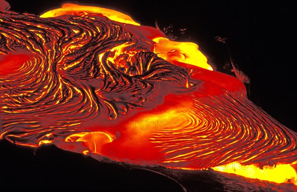 USA, Hawaii,  The Big Island, "Flow of pahoehoe or ropey lava, near the Chain of Craters Road on the slopes of Mt Kilauea volcano, in the south of this, the most volcanically active Hawaiian island ."