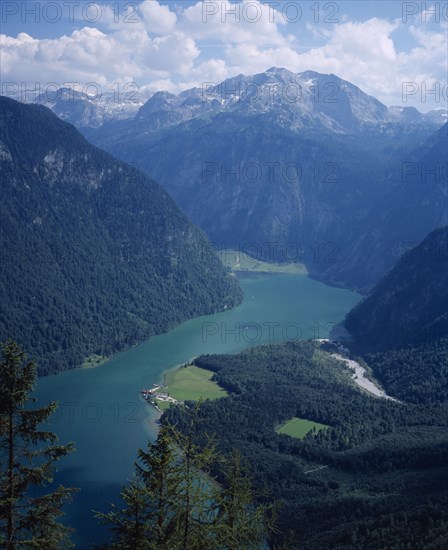GERMANY, Berchtesgaden, Konigsee, "Areal view of lake from the North, Funtensee tauern mountain in the background."