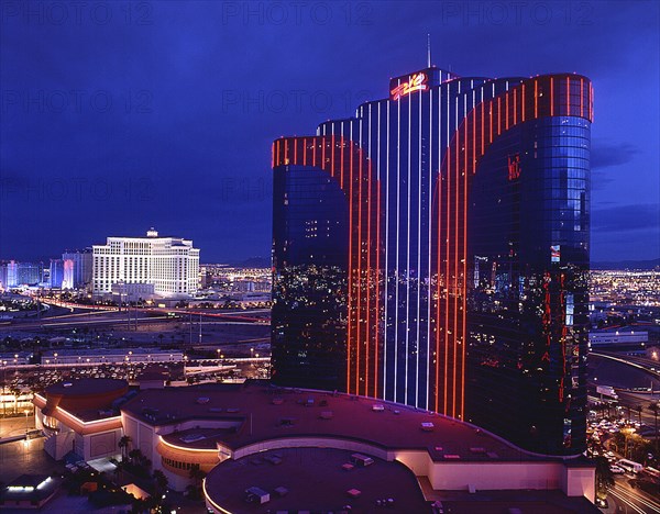 USA, Nevada, Las Vegas, Rio building at night with reflections of street lights in the glass