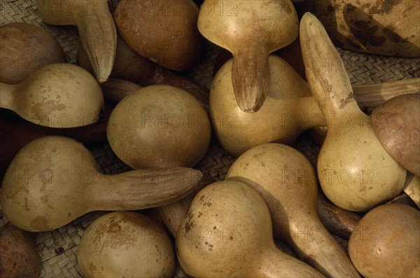 MALI, Market, Close shot of ladles made from gourds for sale.