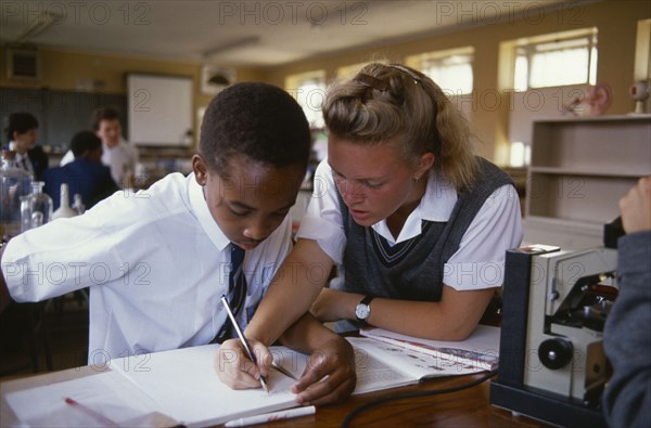 SOUTH AFRICA, Johannesburg, Black and white pupils working together in the classroom.