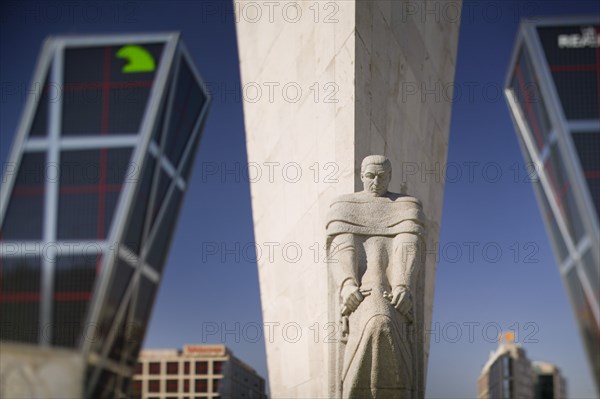 SPAIN, Madrid, Detail of Espana A Calvo Sotelo statue in front of the Torres de Europa in Plaza de Castilla.